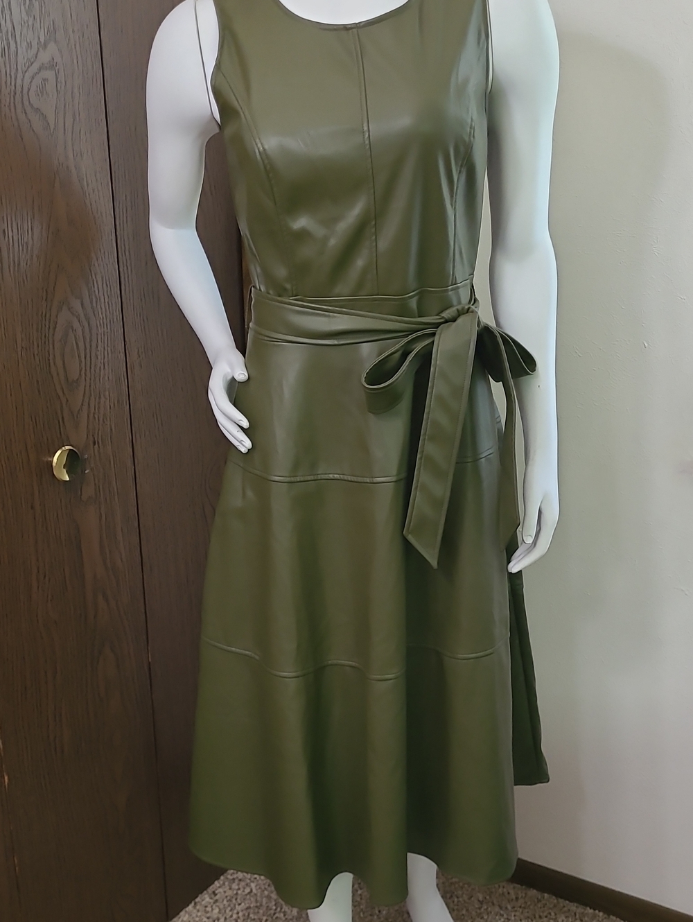 Sleeveless Faux-Leather Midi Dress with Self-Tie Waist in Olive Green
